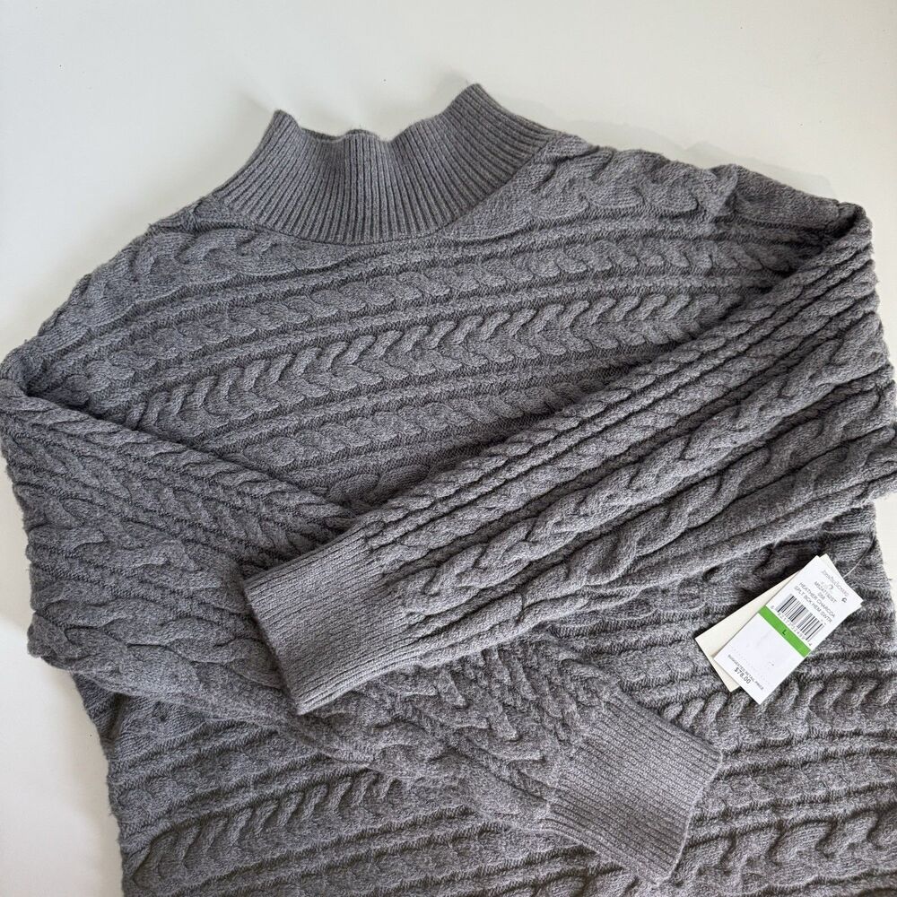 Single Thread Women's Cable Knit Mock Neck Sweater Gray Size L Cozy Winter NWT